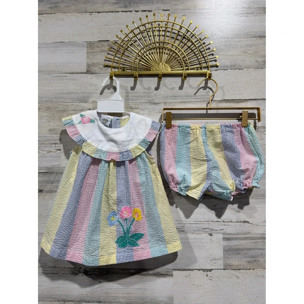 Cuties by Judy Vintage Seersucker Dress Set Girls 24M Stripe Floral Cottagecore